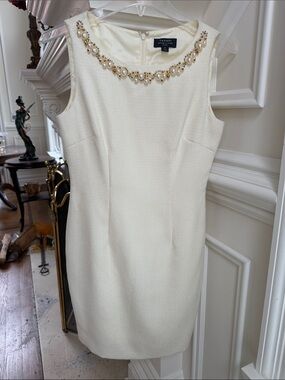 Tahari ASL Cream Sheath Dress with Pearl & Gold Beading 2P